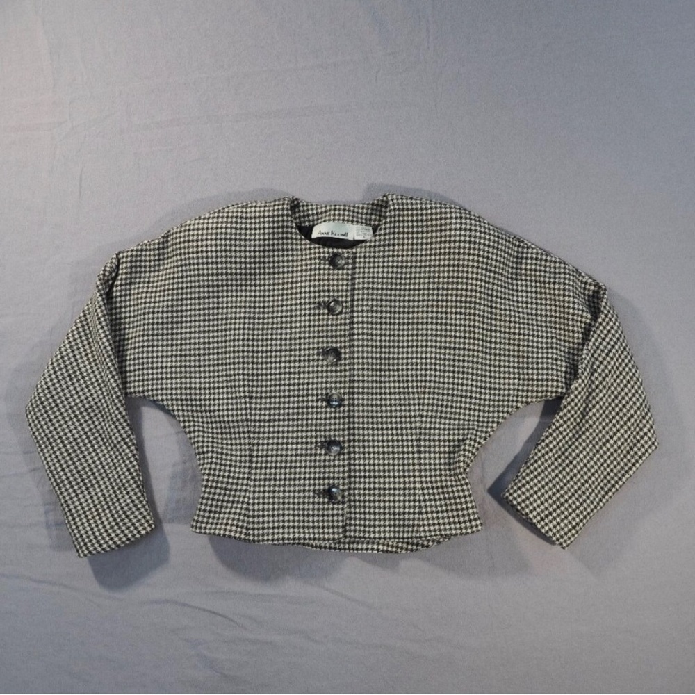 VTG Anne Klein 2 Jacket Womens 10 Gray Houndstooth Wool Cashmere Cardigan Blazer